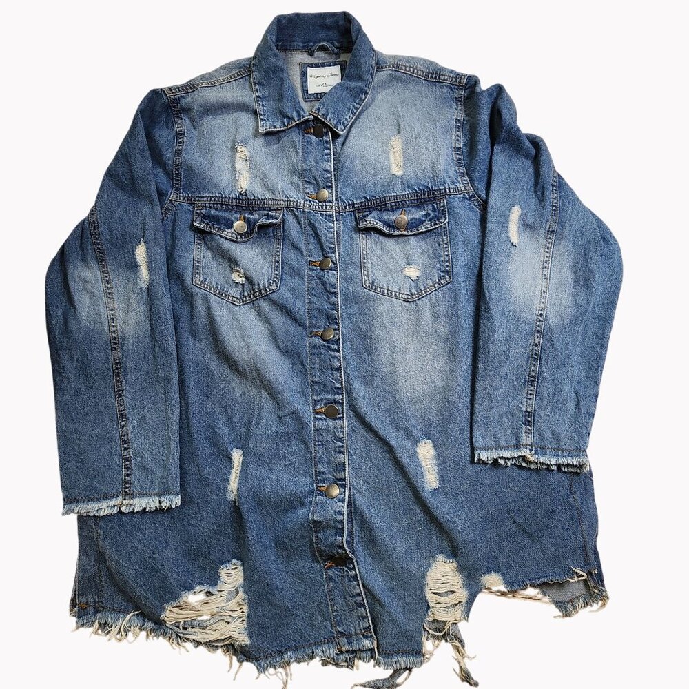 Highway Jeans Womens Distressed Denim Jacket Dress 2X Long Sleeve Button-Up - Picture 6 of 9